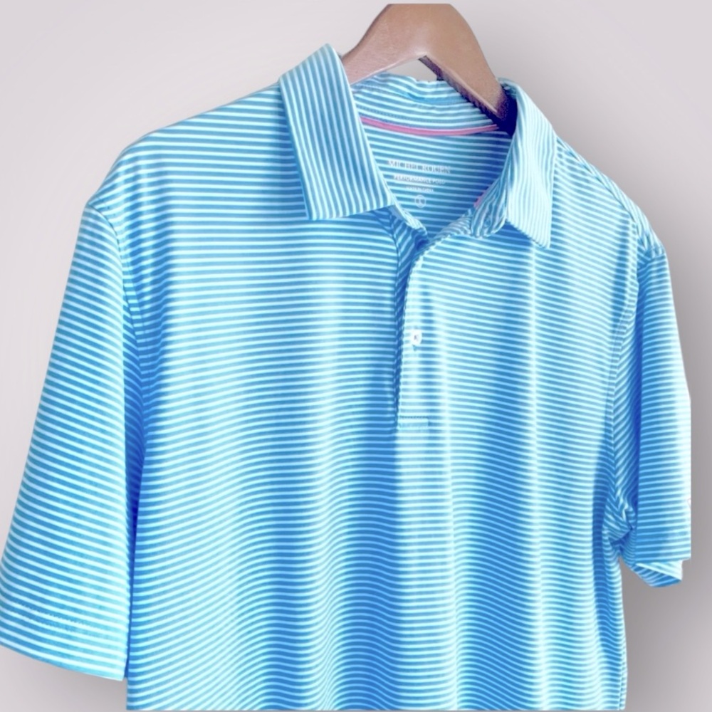 MICHEL ROUEN Performance Striped Polo‎ Shirt | Aqua & White | Size Large